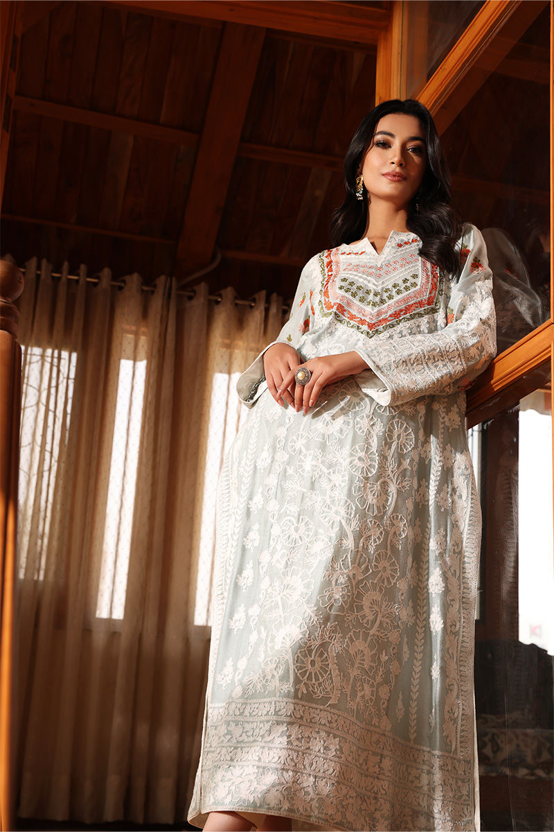 Pakistani Aqua Blue Embroidered Cotton Net Long Shirt (3-Piece) - Image 5