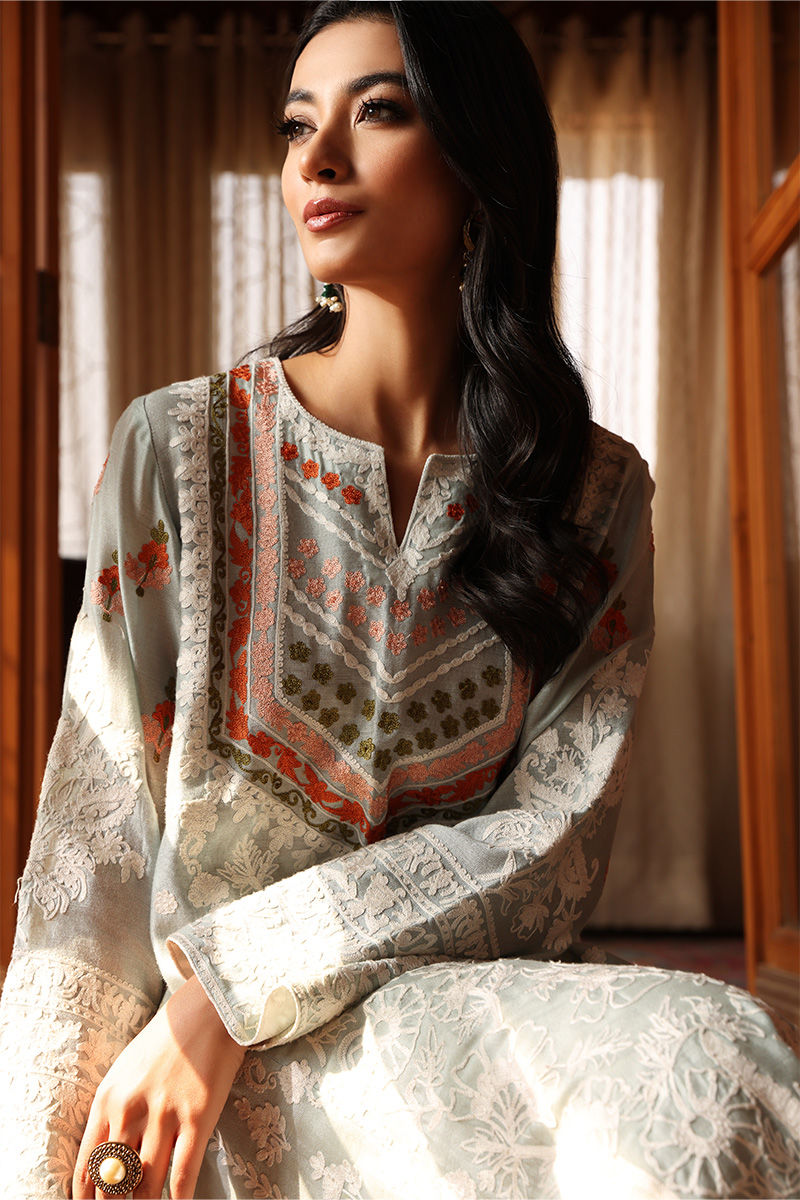 Pakistani Aqua Blue Embroidered Cotton Net Long Shirt (3-Piece) - Image 6