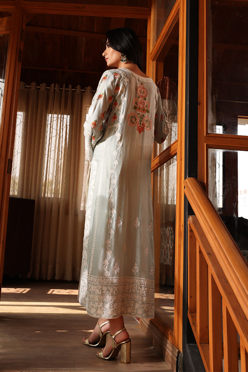 Pakistani Aqua Blue Embroidered Cotton Net Long Shirt (3-Piece) - Image 7