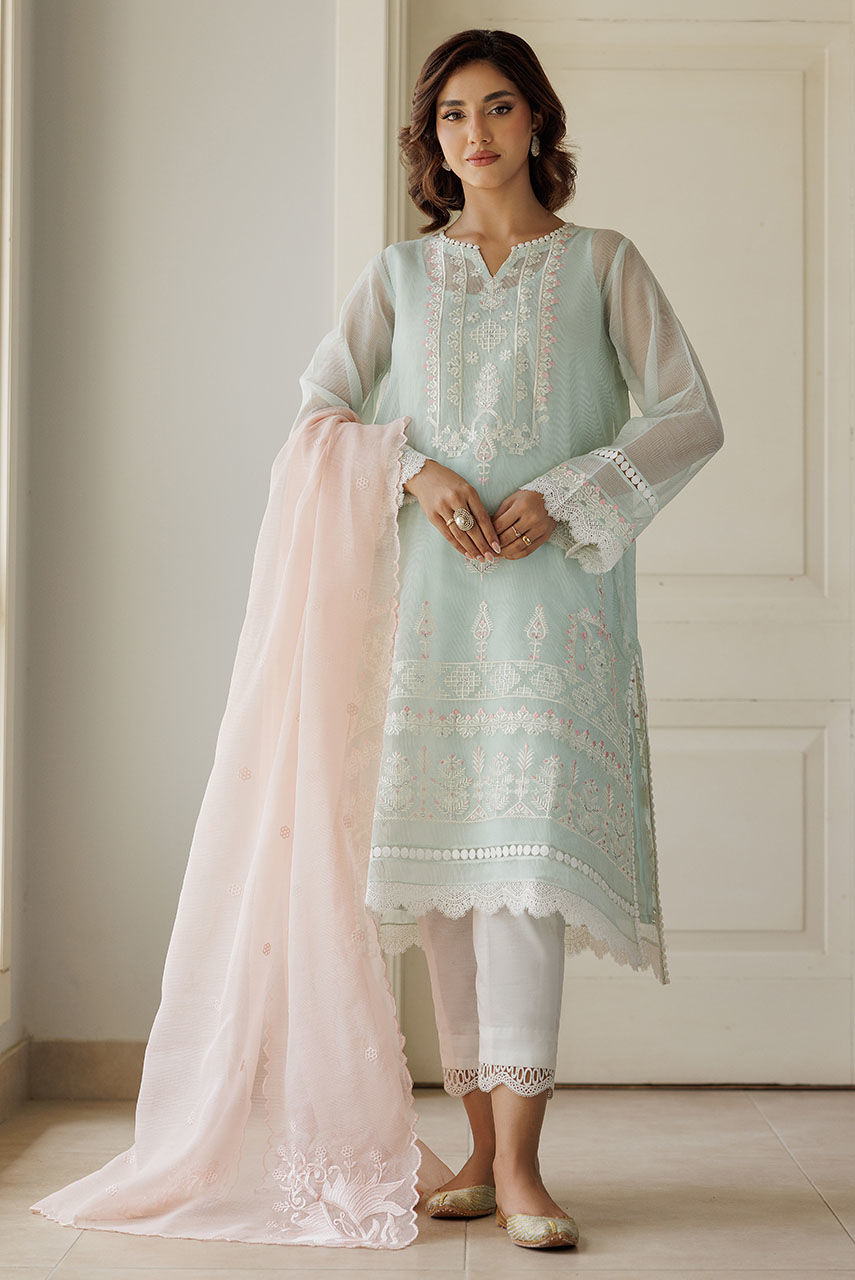 Ice Blue Embroidered Cotton Net Salwar Kameez (3-Piece) - Image 1