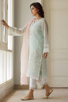 Ice Blue Embroidered Cotton Net Salwar Kameez (3-Piece) - Image 5