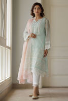 Ice Blue Embroidered Cotton Net Salwar Kameez (3-Piece) - Image 6