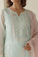 Ice Blue Embroidered Cotton Net Salwar Kameez (3-Piece) - Image 7