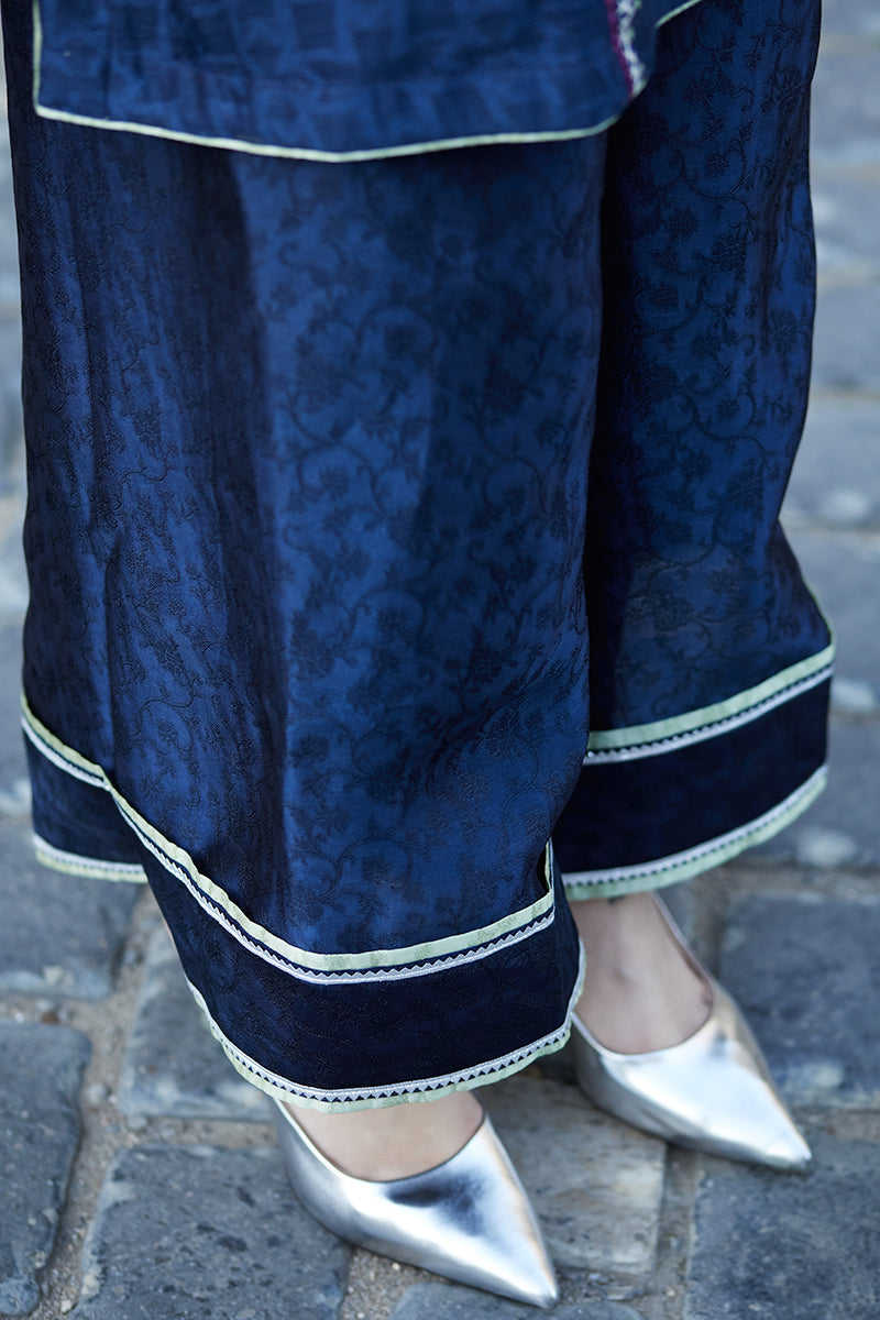 Pakistani Midnight Blue Embroidered Cotton Net Shirt & Silk Izaar (2-Piece) - Image 11