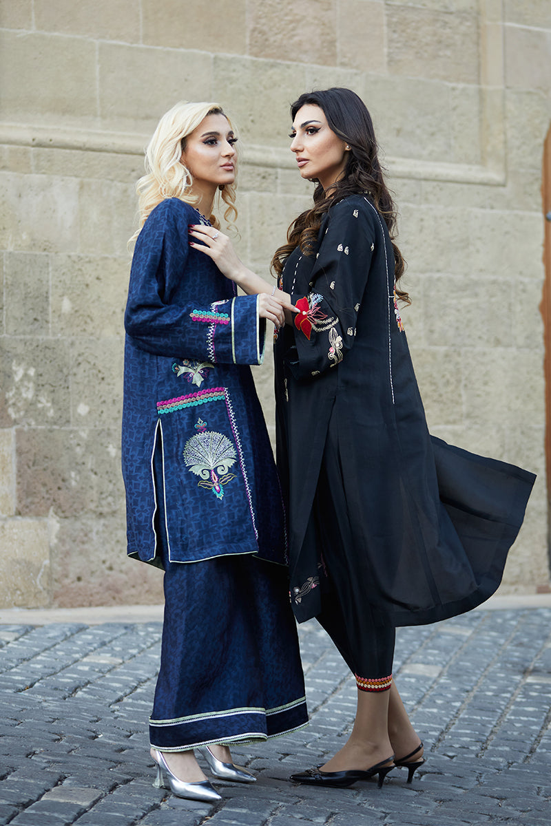 Pakistani Midnight Blue Embroidered Cotton Net Shirt & Silk Izaar (2-Piece) - Image 12