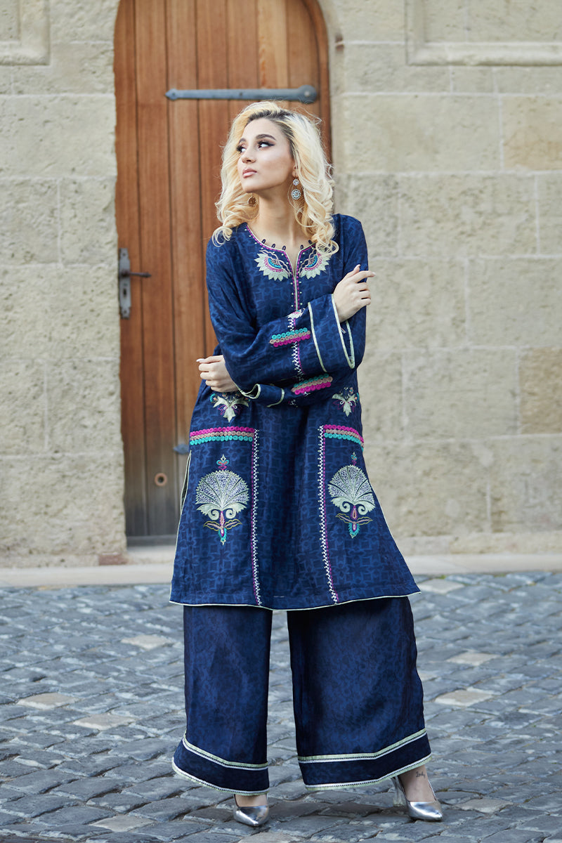 Pakistani Midnight Blue Embroidered Cotton Net Shirt & Silk Izaar (2-Piece) - Image 2