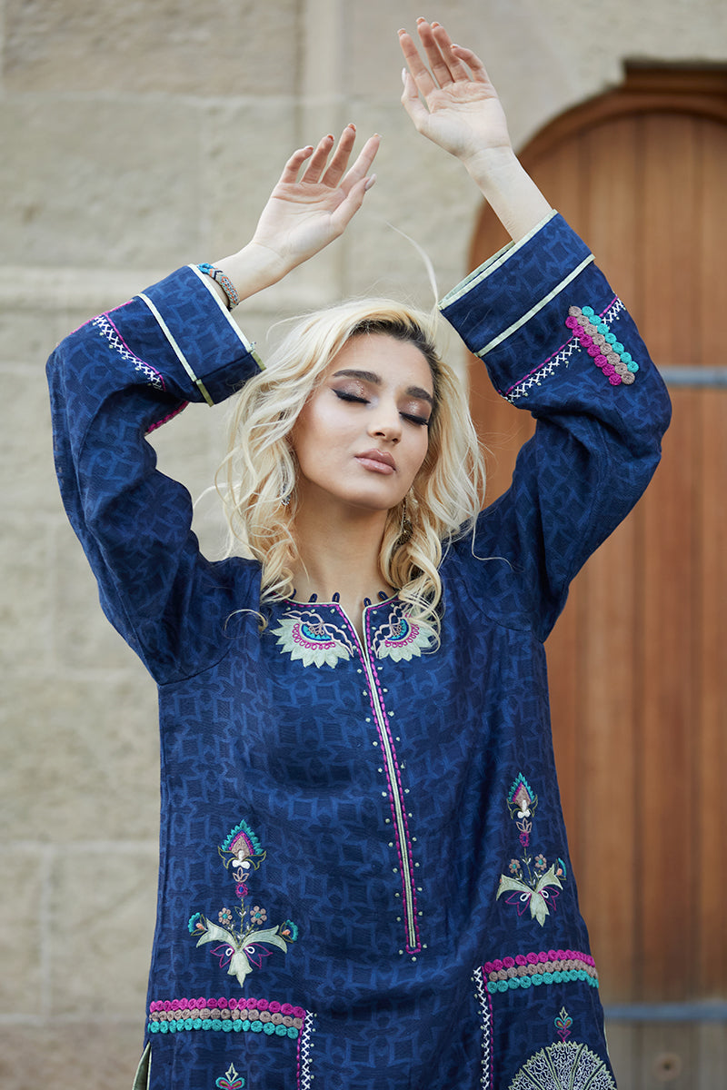 Pakistani Midnight Blue Embroidered Cotton Net Shirt & Silk Izaar (2-Piece) - Image 3