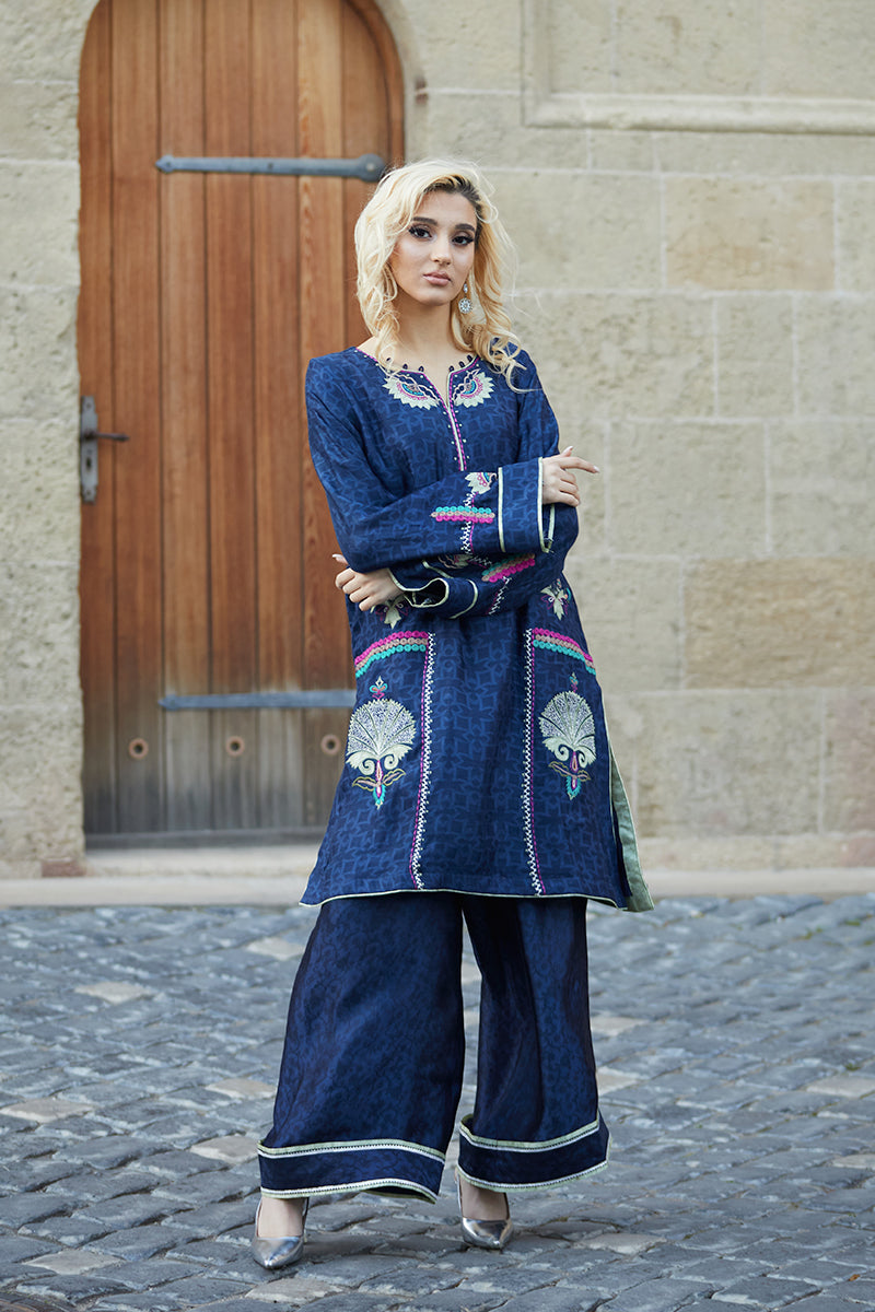 Pakistani Midnight Blue Embroidered Cotton Net Shirt & Silk Izaar (2-Piece) - Image 4