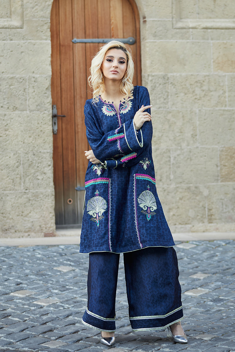 Pakistani Midnight Blue Embroidered Cotton Net Shirt & Silk Izaar (2-Piece) - Image 5