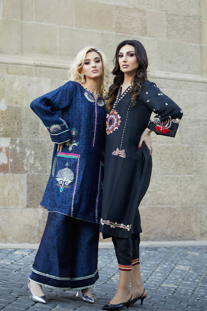 Pakistani Midnight Blue Embroidered Cotton Net Shirt & Silk Izaar (2-Piece) - Image 6