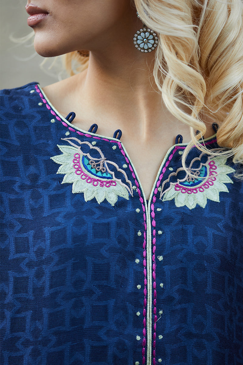 Pakistani Midnight Blue Embroidered Cotton Net Shirt & Silk Izaar (2-Piece) - Image 8