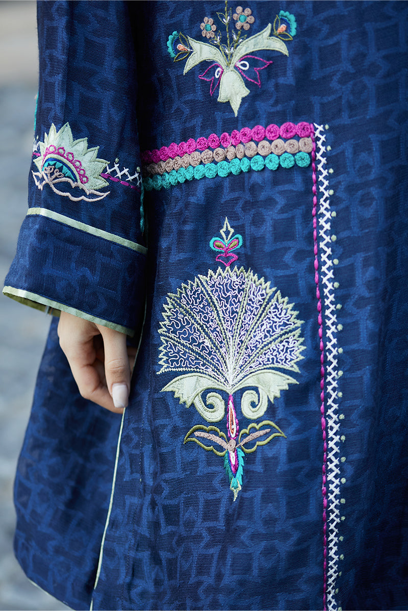 Pakistani Midnight Blue Embroidered Cotton Net Shirt & Silk Izaar (2-Piece) - Image 9