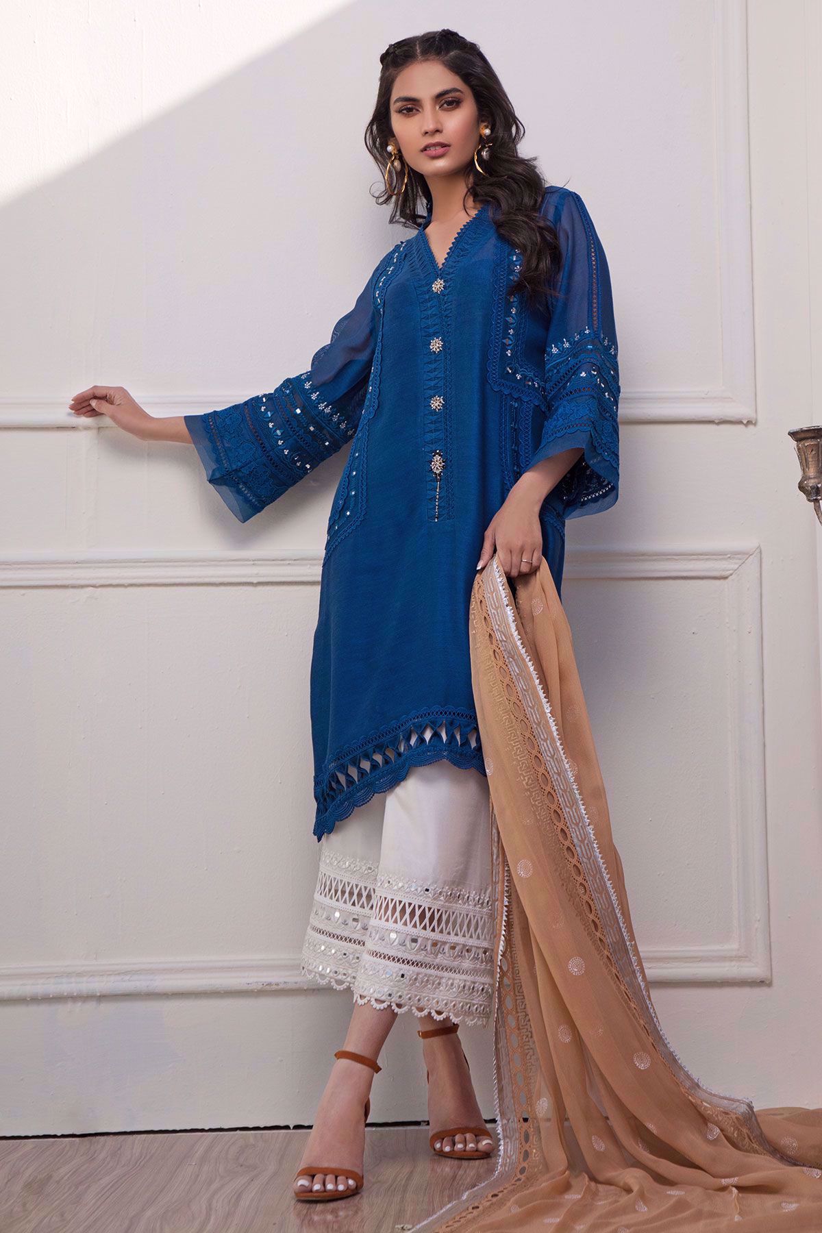 Blue Embroidered Cotton Net Salwar Kameez (3-Piece) - Image 1