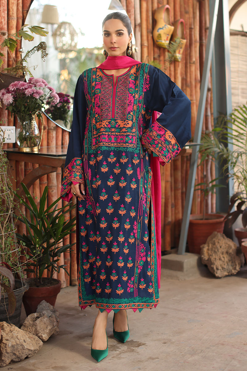 Electric Blue Embroidered Cotton Net Salwar Kameez (3-Piece) - Image 1
