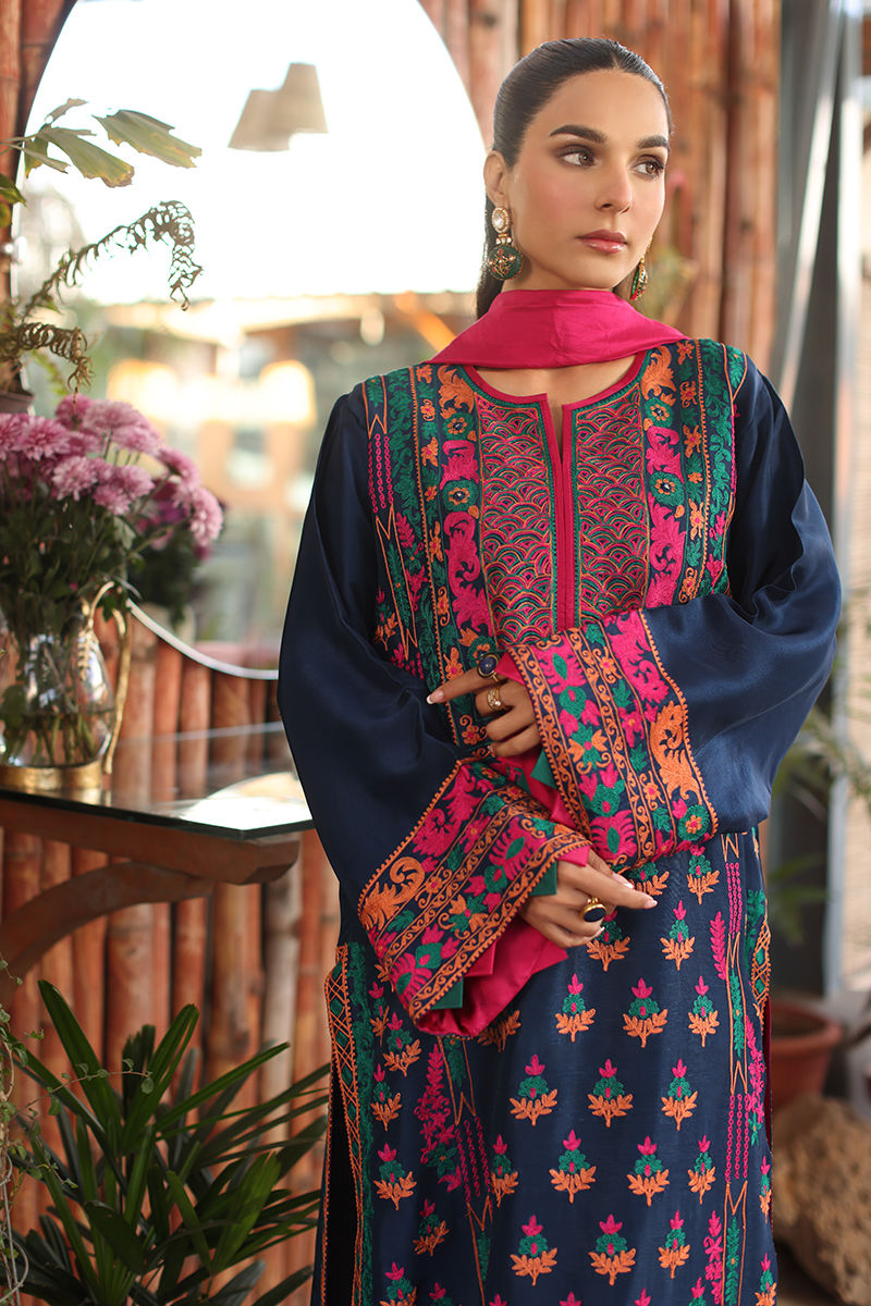 Electric Blue Embroidered Cotton Net Salwar Kameez (3-Piece) - Image 2