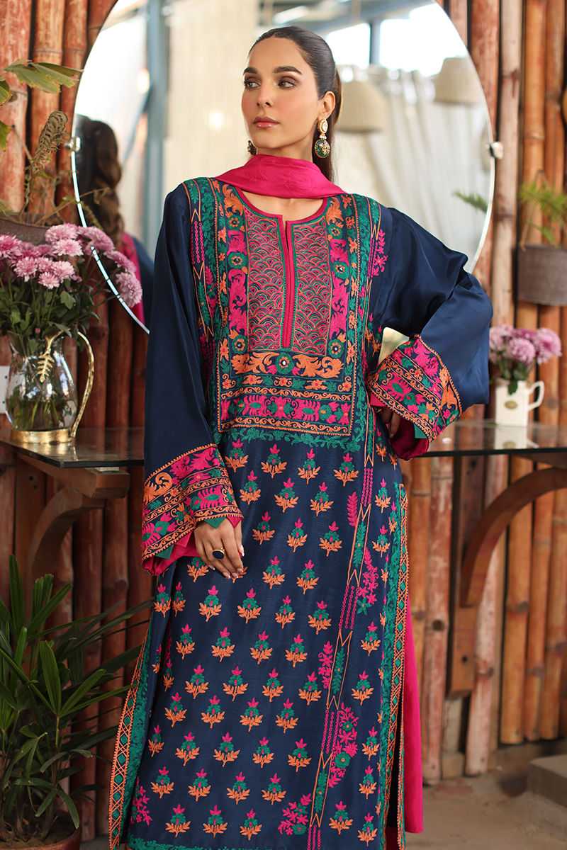 Electric Blue Embroidered Cotton Net Salwar Kameez (3-Piece) - Image 3