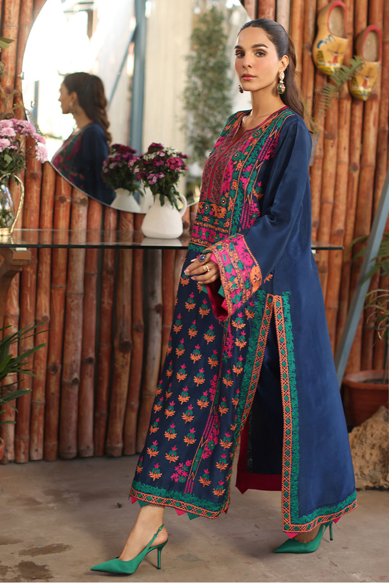 Electric Blue Embroidered Cotton Net Salwar Kameez (3-Piece) - Image 4