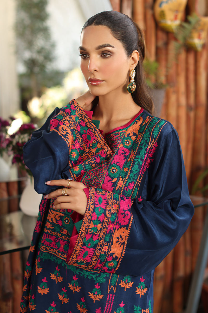 Electric Blue Embroidered Cotton Net Salwar Kameez (3-Piece) - Image 5