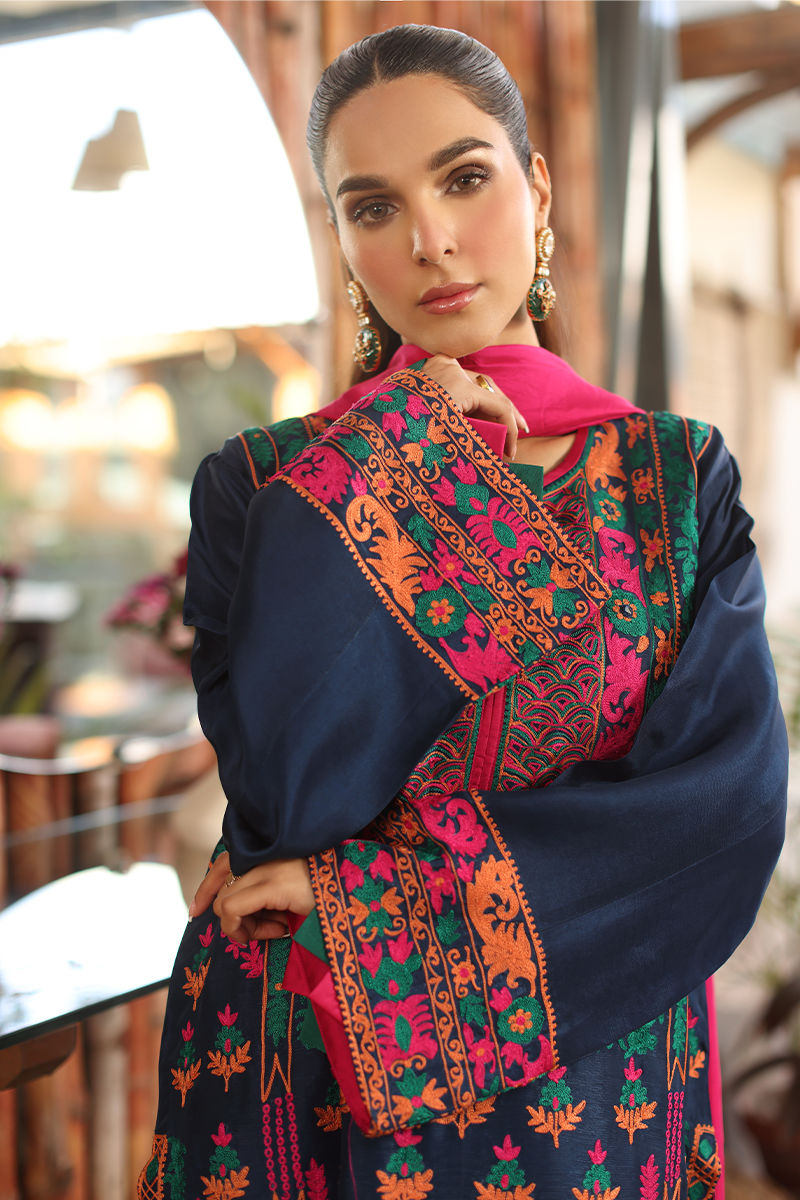 Electric Blue Embroidered Cotton Net Salwar Kameez (3-Piece) - Image 6