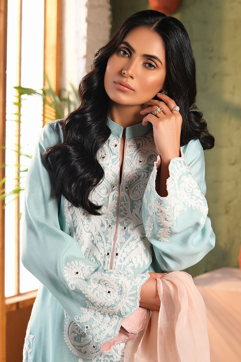 Light Blue Embroidered Cotton Net Salwar Kameez (3-Piece) - Image 5