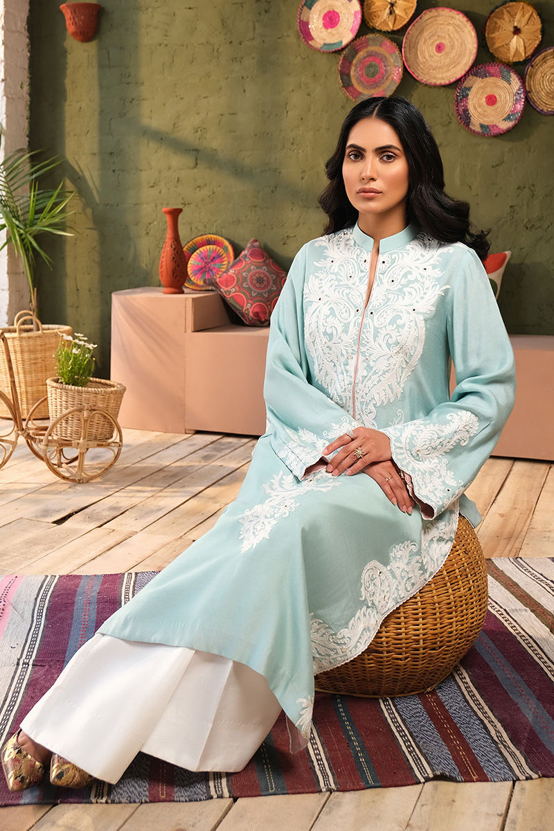 Light Blue Embroidered Cotton Net Salwar Kameez (3-Piece) - Image 7
