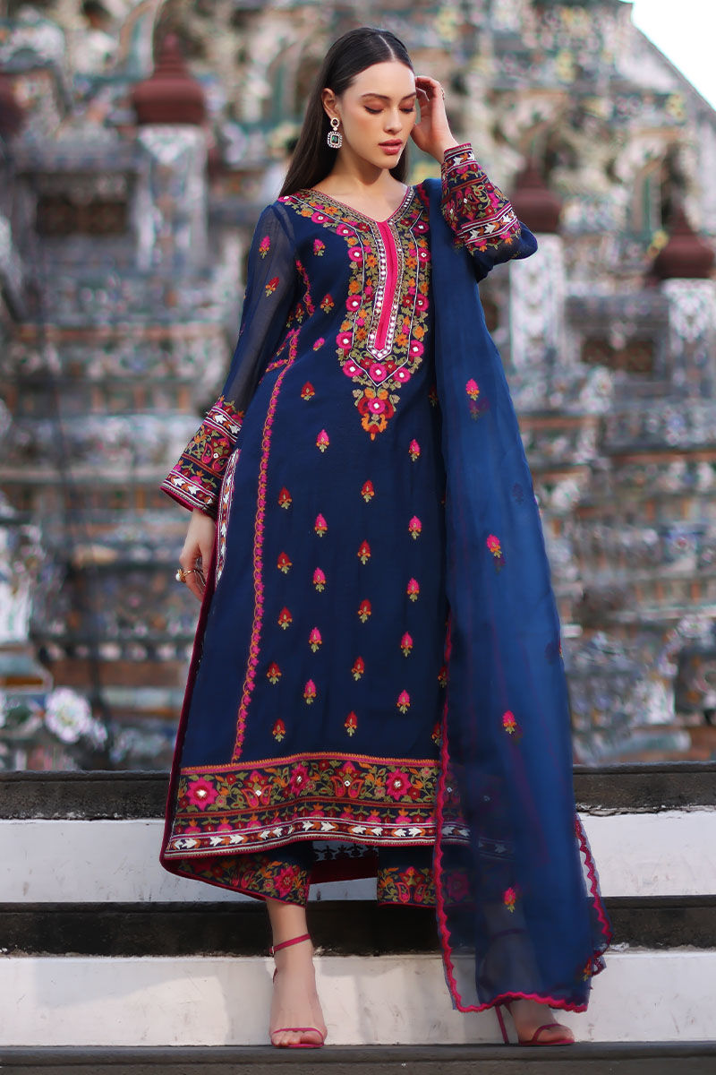 Pakistani Moroccan Blue Embroidered Cotton Net Salwar Kameez (3-Piece) - Image 1