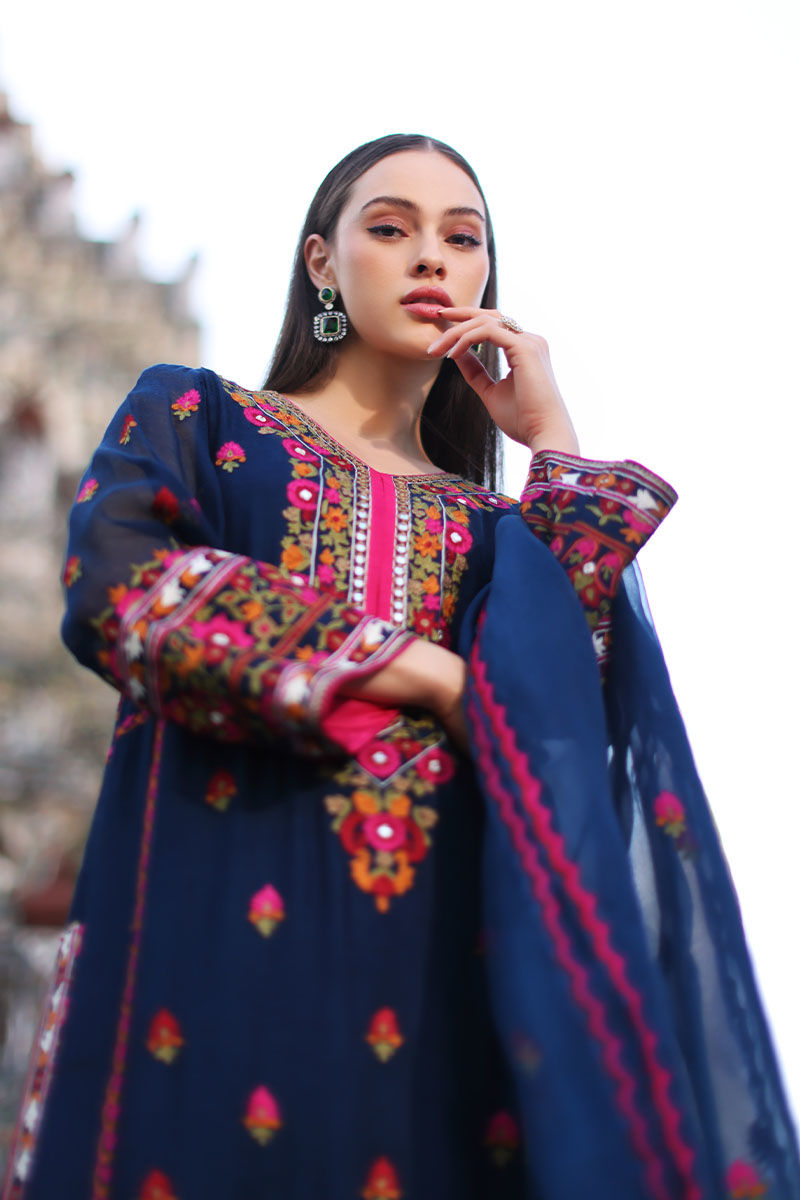 Pakistani Moroccan Blue Embroidered Cotton Net Salwar Kameez (3-Piece) - Image 2