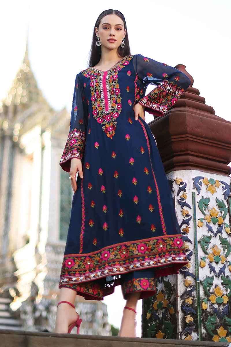 Pakistani Moroccan Blue Embroidered Cotton Net Salwar Kameez (3-Piece) - Image 3