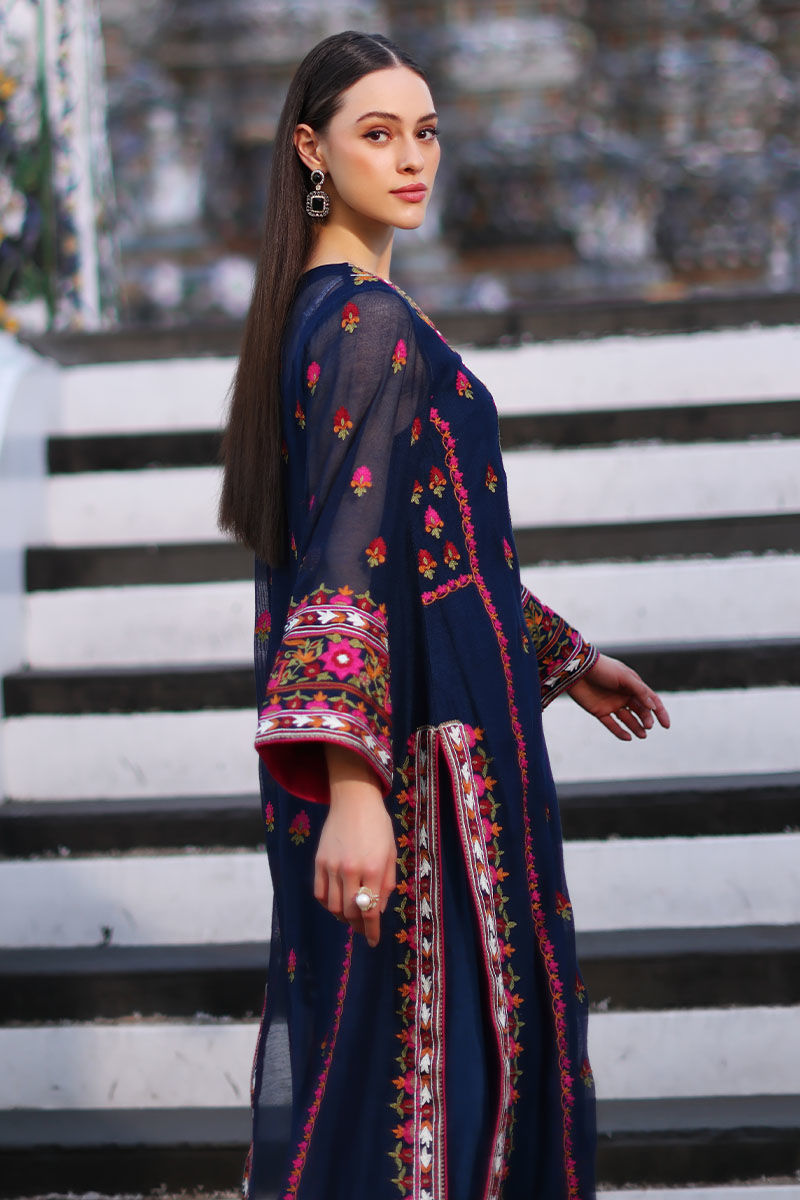 Pakistani Moroccan Blue Embroidered Cotton Net Salwar Kameez (3-Piece) - Image 4