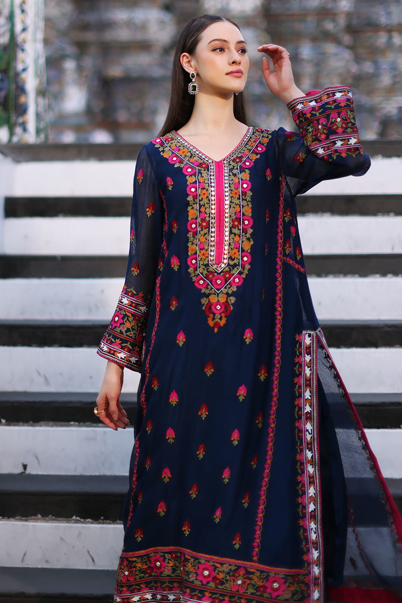 Pakistani Moroccan Blue Embroidered Cotton Net Salwar Kameez (3-Piece) - Image 5
