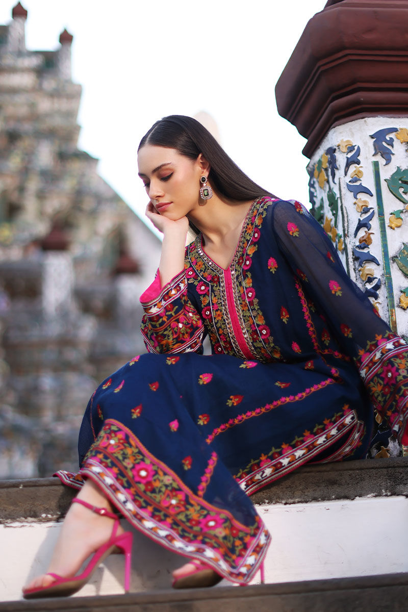 Pakistani Moroccan Blue Embroidered Cotton Net Salwar Kameez (3-Piece) - Image 6