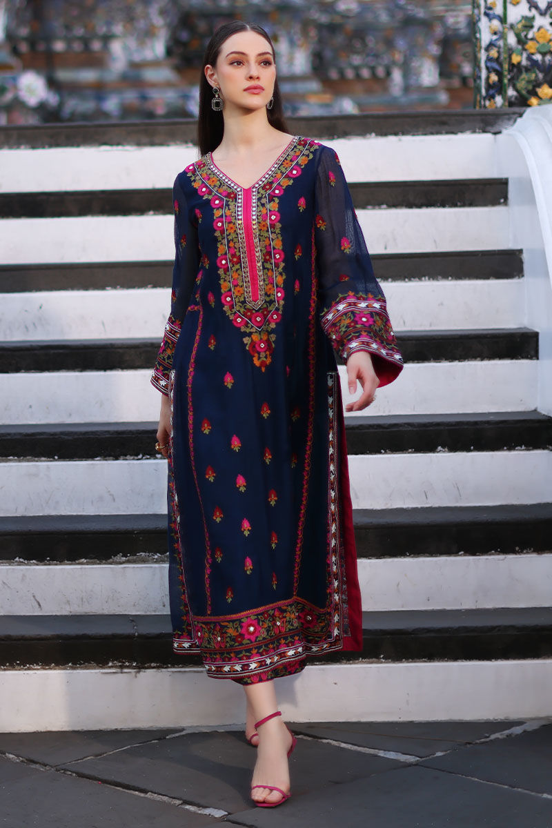 Pakistani Moroccan Blue Embroidered Cotton Net Salwar Kameez (3-Piece) - Image 7