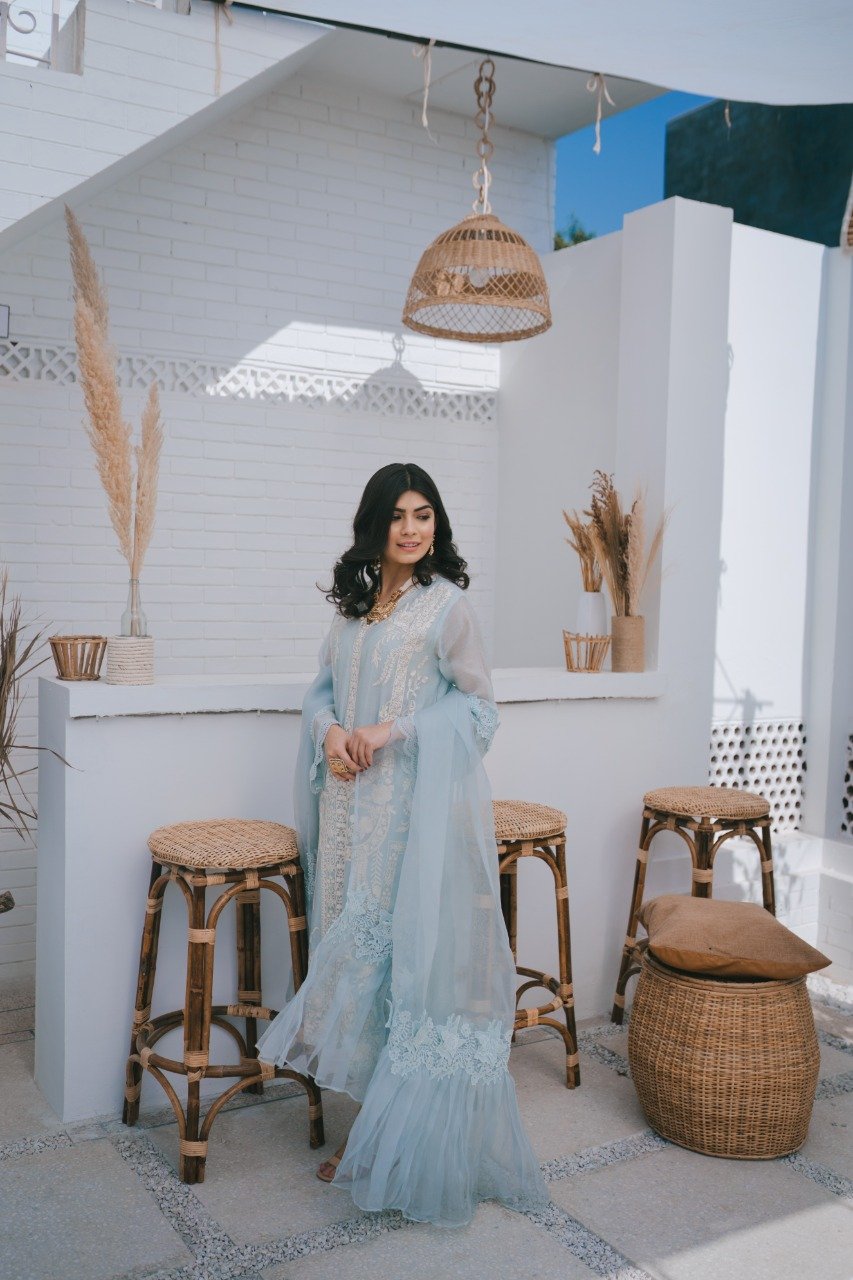 Ice Blue Embroidered Cotton Net Salwar Kameez (3-Piece) - Image 1