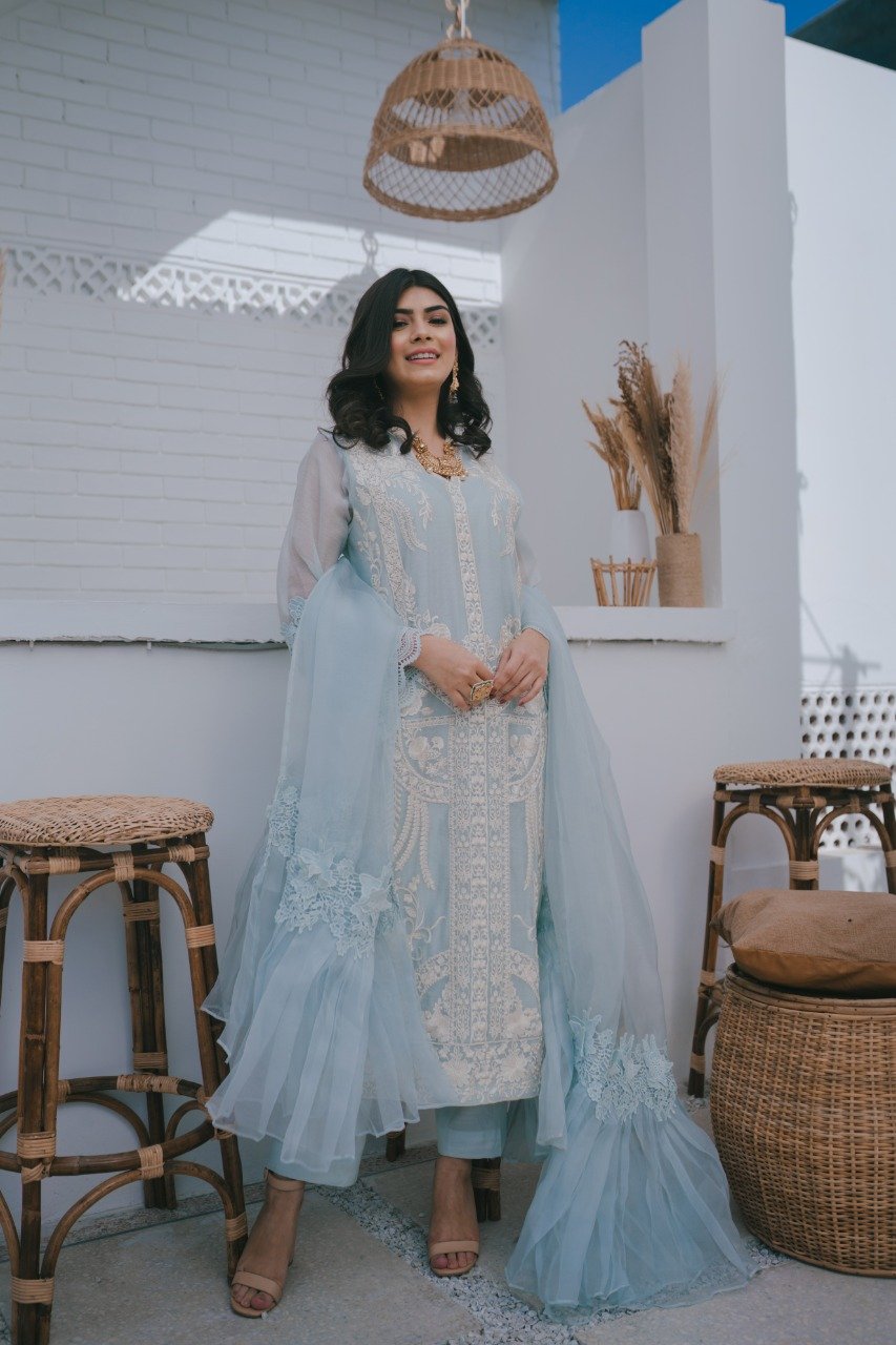 Ice Blue Embroidered Cotton Net Salwar Kameez (3-Piece) - Image 2