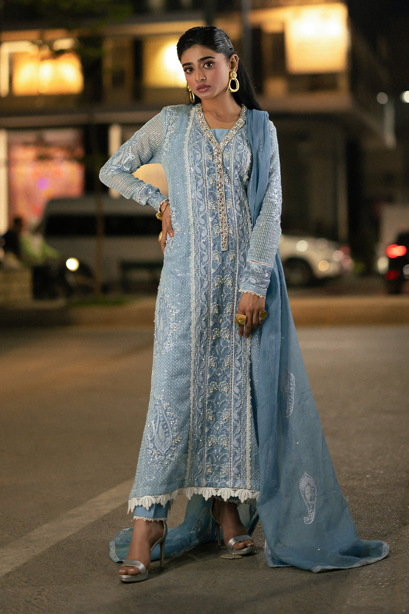 Blue Embroidered Cotton Net Salwar Kameez (3-Piece) - Image 1