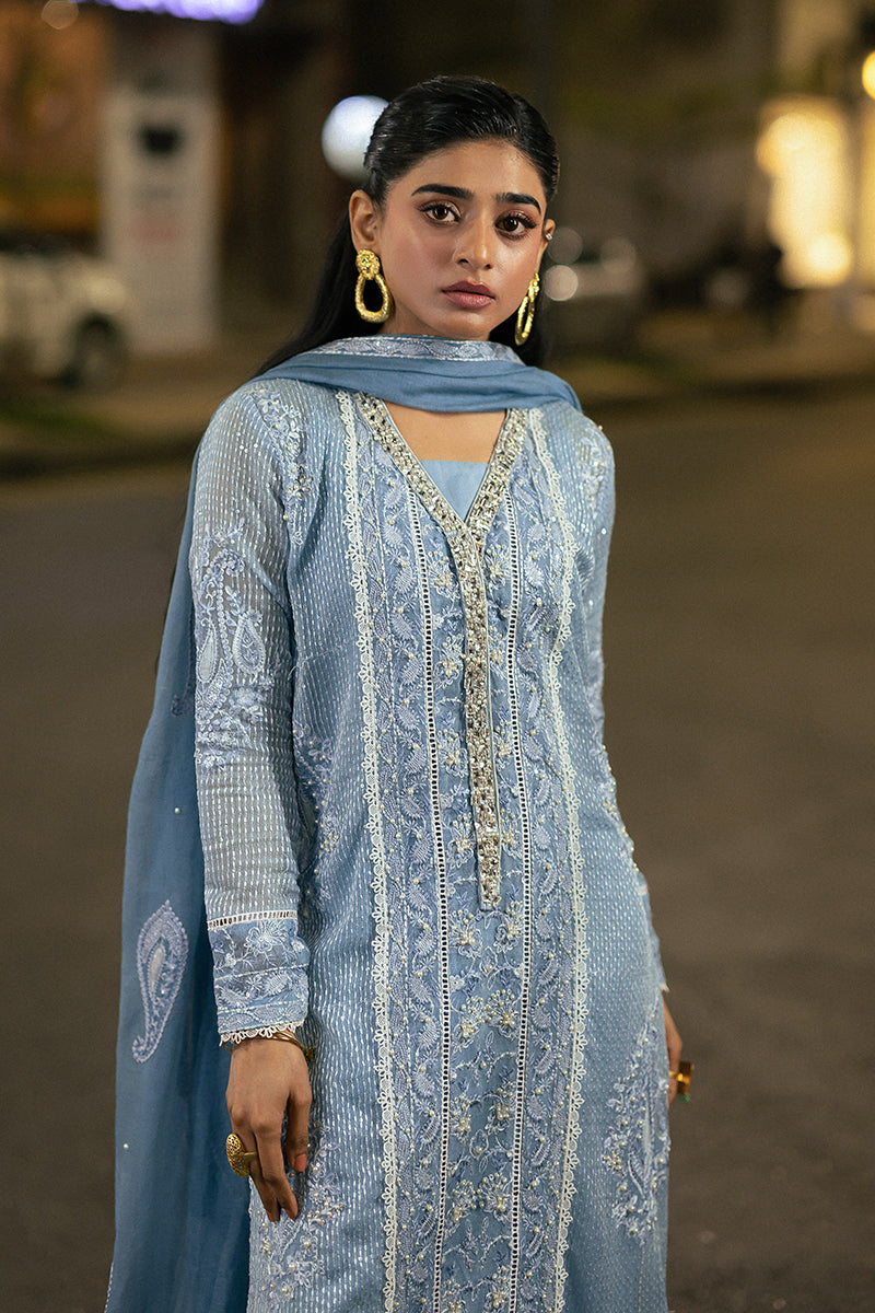 Blue Embroidered Cotton Net Salwar Kameez (3-Piece) - Image 2