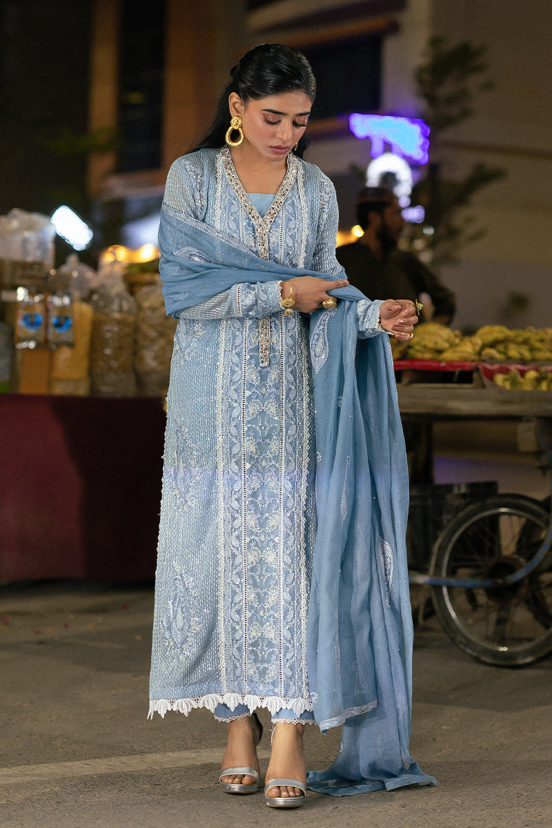 Blue Embroidered Cotton Net Salwar Kameez (3-Piece) - Image 3