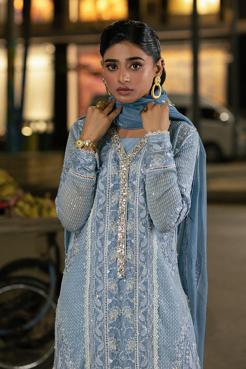 Blue Embroidered Cotton Net Salwar Kameez (3-Piece) - Image 4