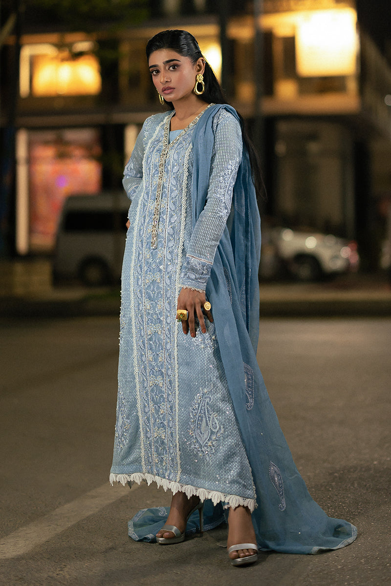 Blue Embroidered Cotton Net Salwar Kameez (3-Piece) - Image 5