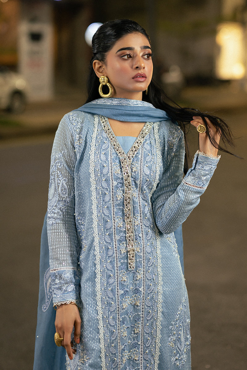 Blue Embroidered Cotton Net Salwar Kameez (3-Piece) - Image 6