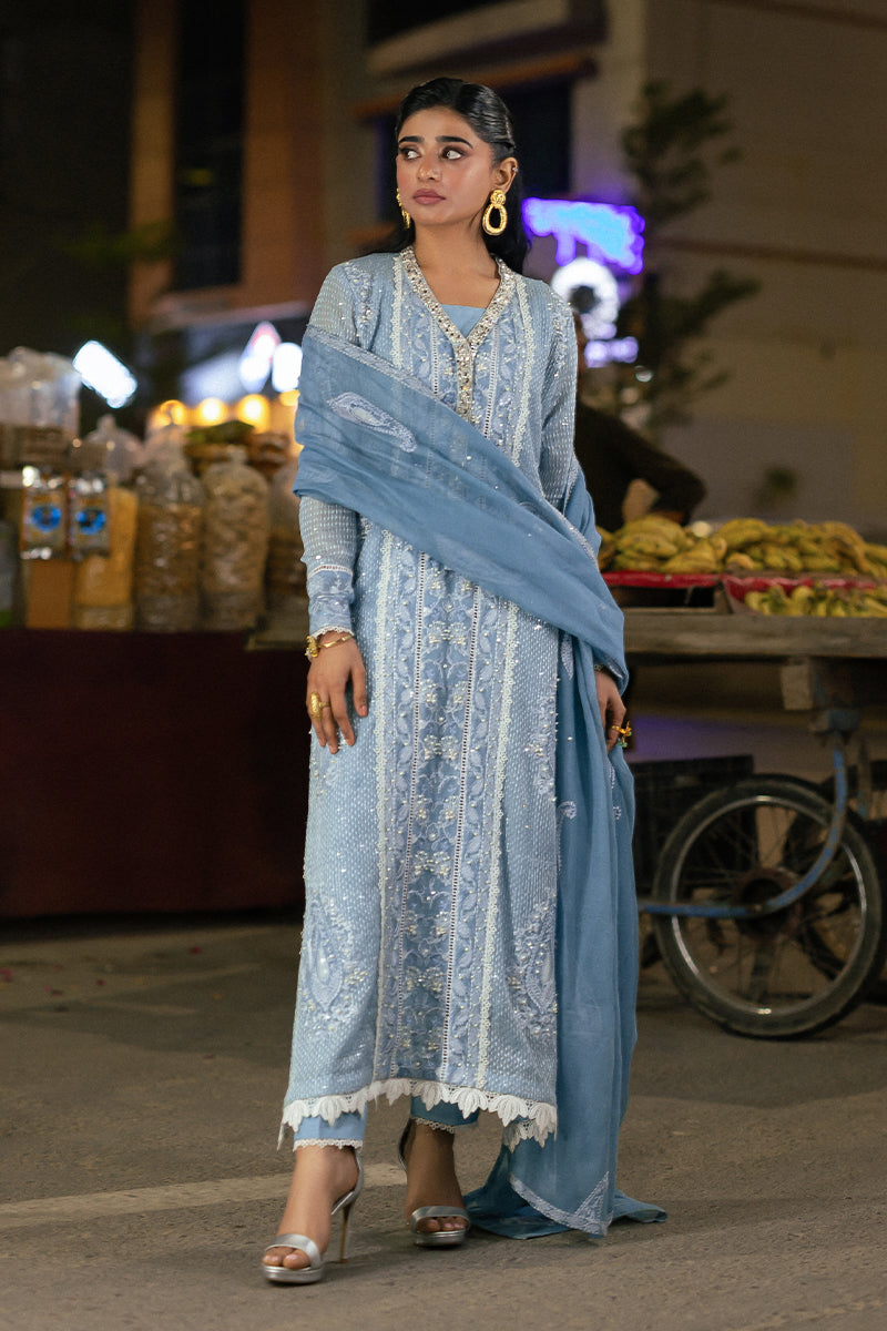 Blue Embroidered Cotton Net Salwar Kameez (3-Piece) - Image 7