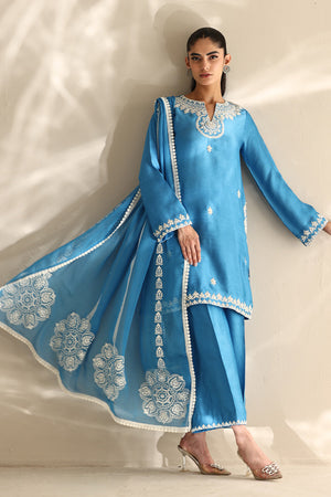 Fresh Blue Aari Embroidered Cotton Sheesha Silk Kurta (3-Piece) - Image 1