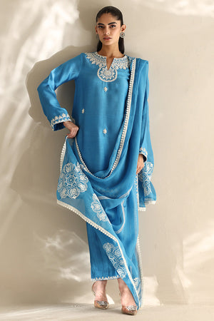 Fresh Blue Aari Embroidered Cotton Sheesha Silk Kurta (3-Piece) - Image 2