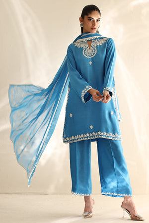 Fresh Blue Aari Embroidered Cotton Sheesha Silk Kurta (3-Piece) - Image 3