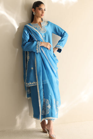 Fresh Blue Aari Embroidered Cotton Sheesha Silk Kurta (3-Piece) - Image 5