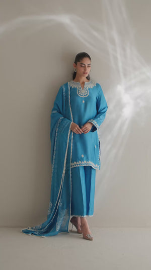 Fresh Blue Aari Embroidered Cotton Sheesha Silk Kurta (3-Piece) - Image 8