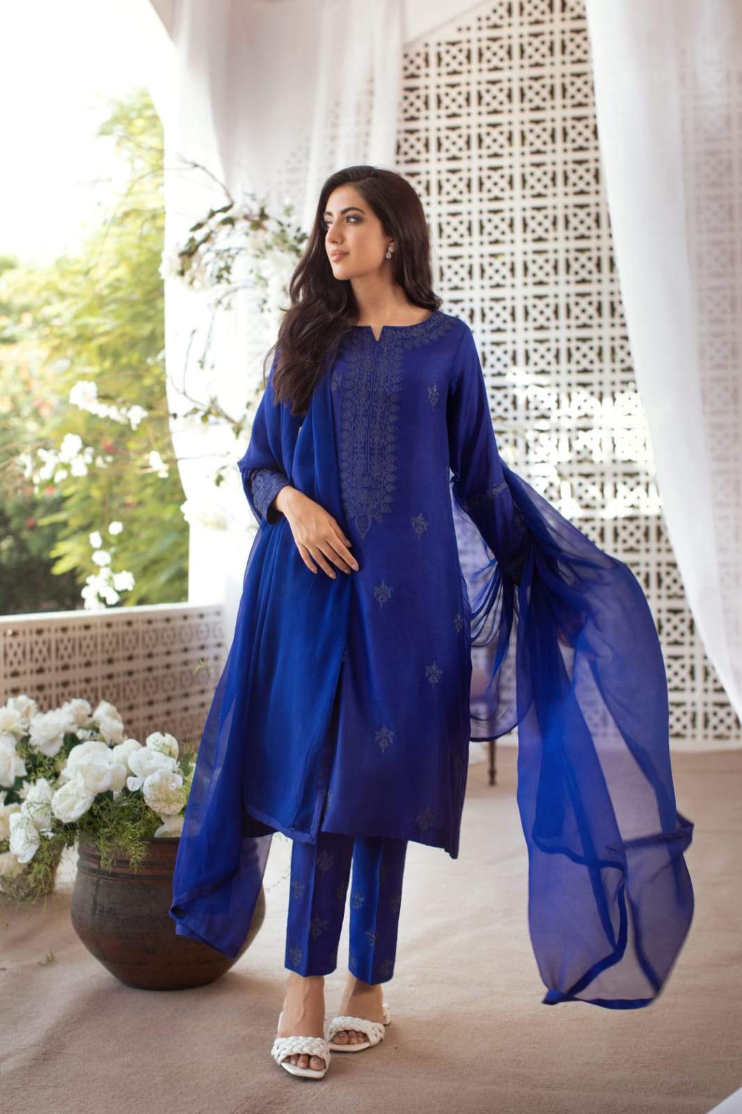 Midnight Blue Ari Embroidered Cotton Silk Salwar Kameez (3-Piece) - Image 1