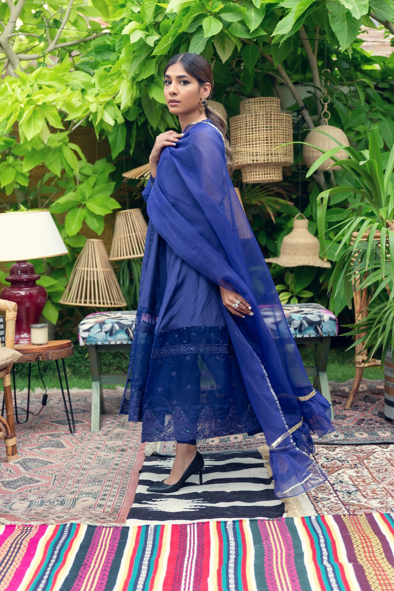 Deep Blue Embroidered Cotton Silk Kurta Set (3-Piece) - Image 1