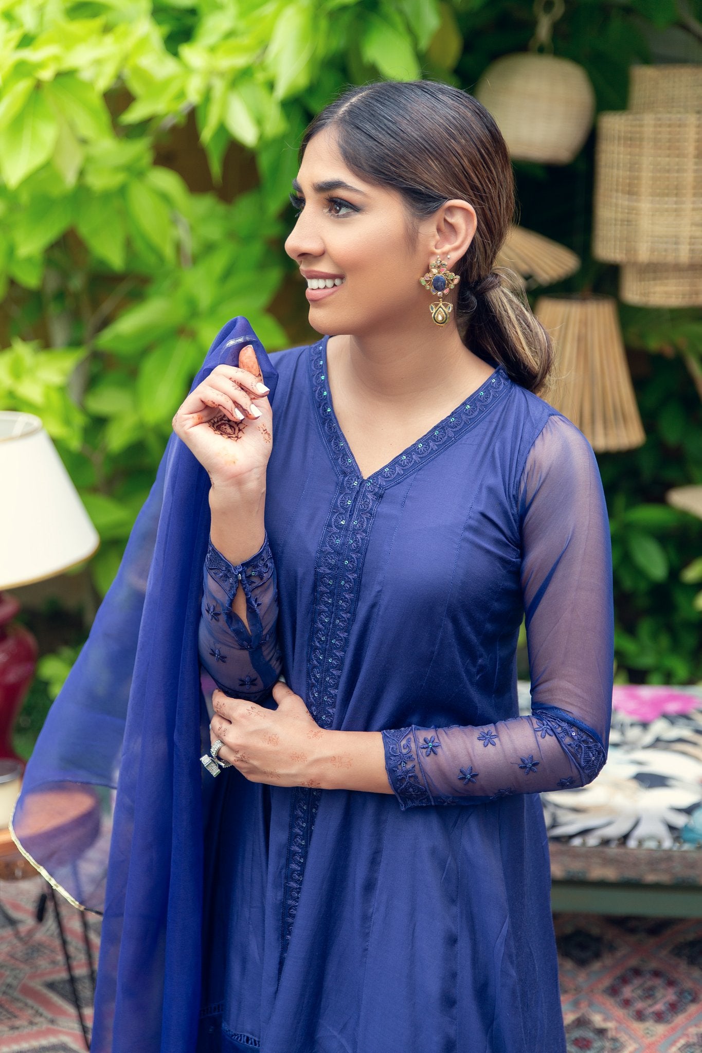 Deep Blue Embroidered Cotton Silk Kurta Set (3-Piece) - Image 2
