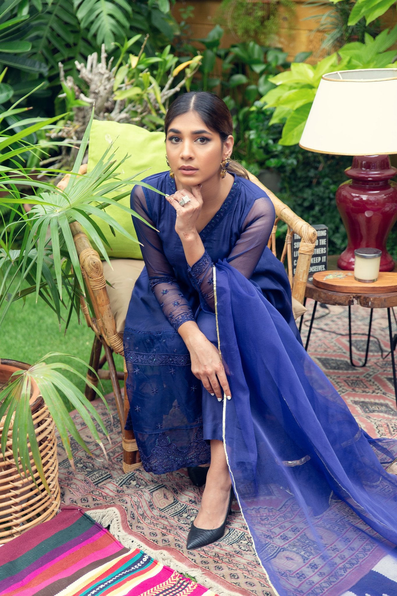 Deep Blue Embroidered Cotton Silk Kurta Set (3-Piece) - Image 3